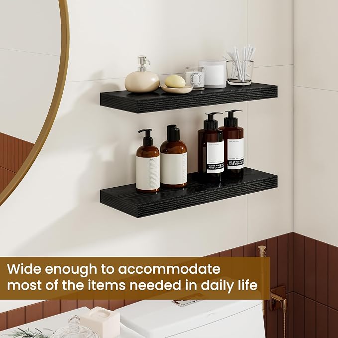 Dreamland Floating Shelves, 20Inch Rustic Wooden Black Wall Shelves for Bathroom|Bedroom|Kitchen, Deep Wall Mounted Book Shelf, Wood Storage Display Shelf for Home Decor, Set of 2
