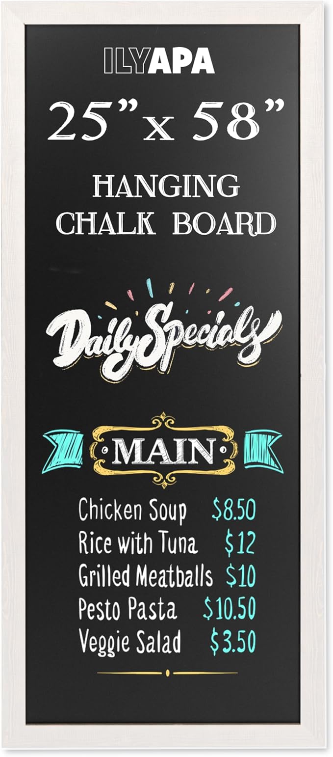 Ilyapa Extra Large Magnetic Chalk Board for Wall - Hanging Sandwich Menu Signs for Restaurant, Cafe, Food Truck, or Kitchen - 58x25 Inches - White