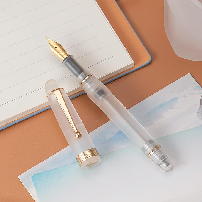 Asvine V126 Vacuum Filling Fountain Pen Extra Fine Nib, Frosted Transparent Clear Acrylic, Large-Capacity with Gift Case