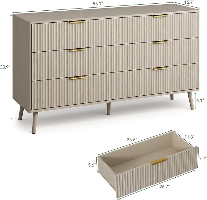 LYNSOM 55" Wide Fluted Dresser for Bedroom with 6 Drawer, Modern Chest of Drawers with Curved Profile Design and Metal Handles, Wood Dresser TV Stand & Storage Organizer for Living Room, Beige