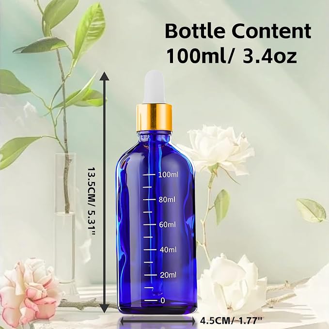 Blue Glass Dropper Bottle 3.4 oz, 2x100ml Blue Glass Eye Dropper Bottles for Essential Oils with Dropper Pipettes, Funnel, and A Plastic Measured Dropper for Diffuser, Beauty Oil Mix