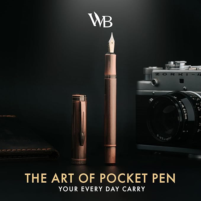 Wordsworth and Black Fountain Pen Mini EDC: Luxury Copper Heavy Pocket Pen, Medium Nib, 6 Ink Cartridges, Ink Converter, Travel Refillable Writing Pen Gift Set, Men & Women