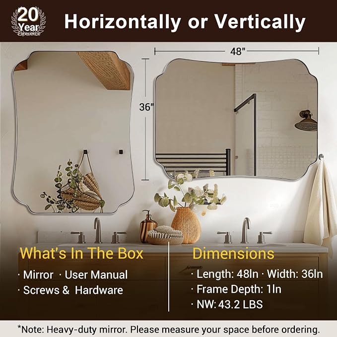 ANDY STAR Brushed Nickel Mirror 36x48 Inch, Bathroom Mirror for Wall, Large Scalloped Wall Mirror in Anti-Rust Stainless Steel Metal 1’’ Frame, Wall Mounts Horizontally or Vertically