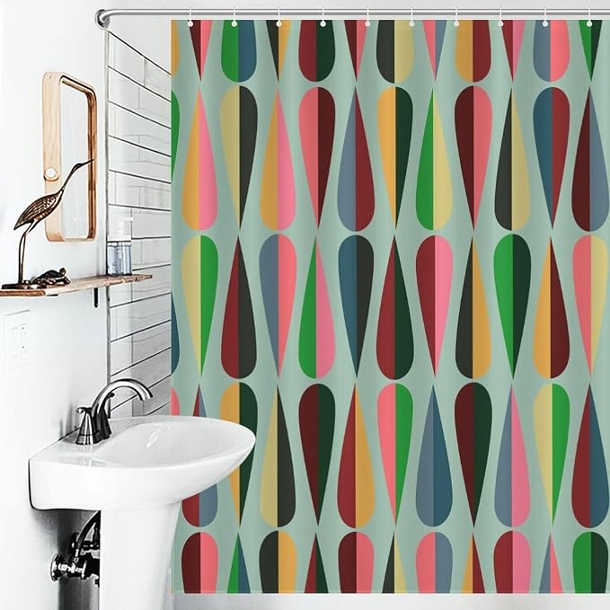 Mid Century Modern Shower Curtain,Retro Abstract Geometric Drop Shapes Art Style Shower Curtains Set for Bathroom Fabric Decorative Bath Curtain Washable Curtain Hooks, 72x72 in
