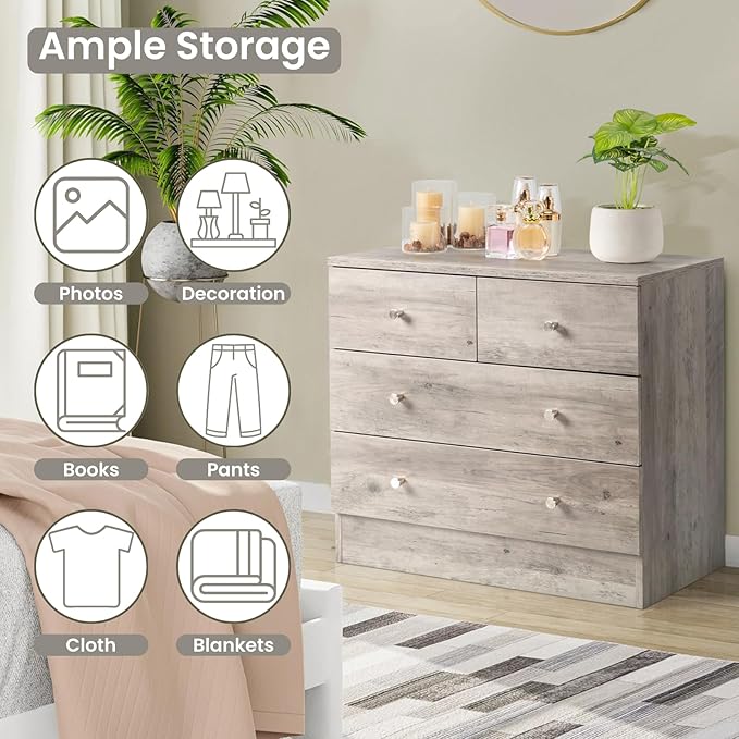 Karl home Grey 4 Drawer Dresser for Bedroom, Modern Wood Dresser Chest of Drawers, Rustic Bedroom Dressers Nightstand, Anti-Tipping Device, Rose Gold Metal Handle, Living Room, Hallway, Office