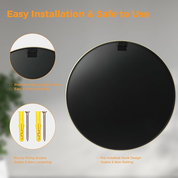 36 Inch Gold Round Bathroom Wall Mirror, Round Mirrors for Wall Decor, Circle Mirror for with HD Shatter-Proof Glass for Entryway, Living Room, Bedroom, Dressing Room, Home Decor
