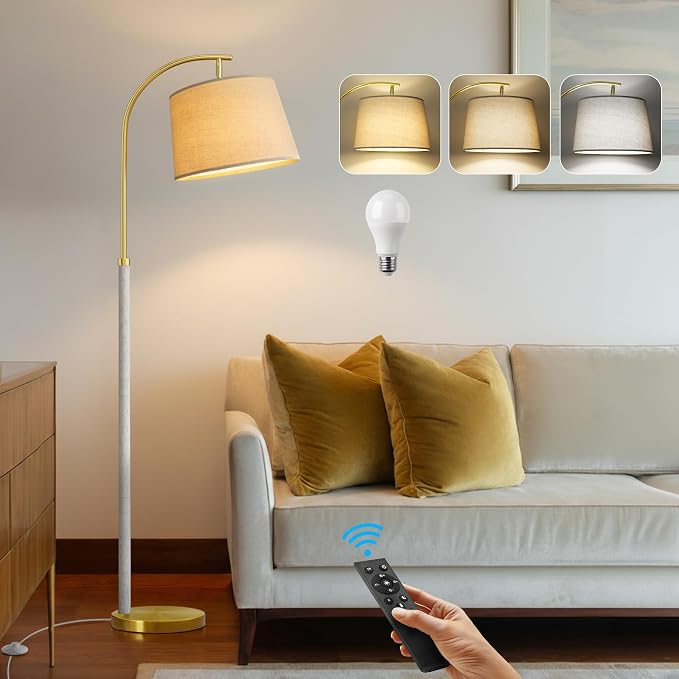 G-SAFAVA 63" Wood Floor Lamp for Living Room Dimmable Standing Lamp with Remote & Foot Switch, 3 Color Temperatures Tall Lamp Mid Century Modern Floor Lamp for Bedroom Office, 9W Bulb Included, White