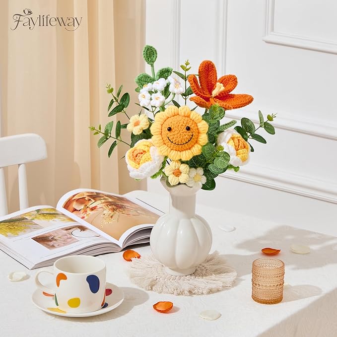 Crochet Flower Bouquet, Handmade Knitted Flowers,Orange Crochet Sunflower Bouquet for Lover Birthday, Anniversary, Wedding, Homecoming Gifts(Include Card)