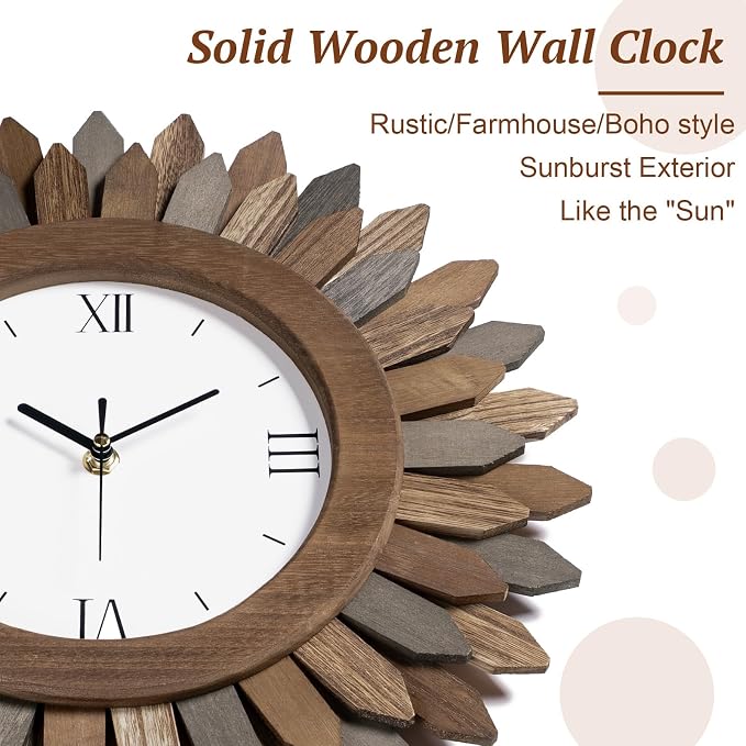 Honiway 14 Inch Wall Clocks Battery Operated Silent Non Ticking Rustic Wood Boho Sunburst Decorative Wall Clock for Living Room Kitchen Bedroom Farmhouse Office Decor (Tricolor-Roman Numerals)