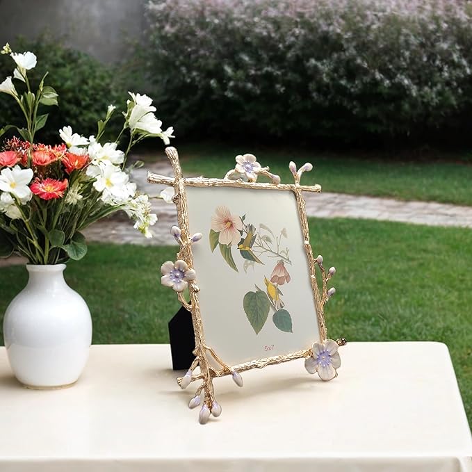 Vintage Purple Picture Frame with Enamel Finis Glass Front - Ornate Antique Metal Flowers 5X7 Photo Frame Tabletop/Wall Display Gifts for Women