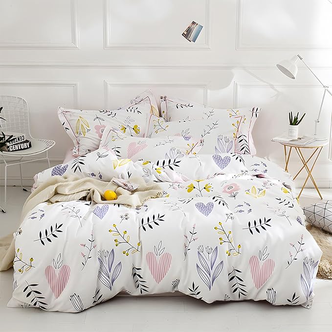 HighBuy Floral Comforter Set Queen Size 3 Piece White Pink Flower Comforter with 2 Pillow Shams Cottagecore Fluffy Comforters Soft Boho Bedding Set for Queen Bed,Lightweight,Breathable,All Season