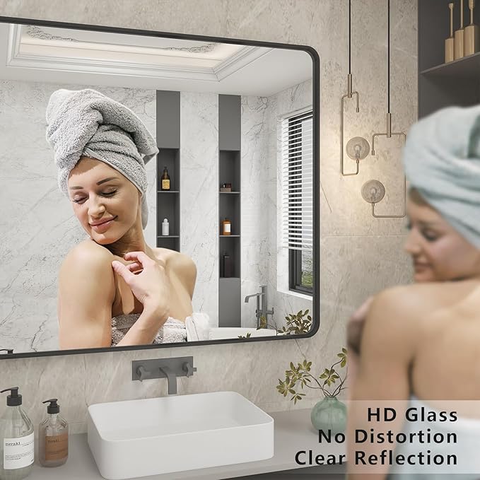 26x36 Inch Black Metal Framed Bathrrom Mirror for Wall, Matte Black Rectangle Mirror, Rounded Corner, Anti-Rust (Horizontal/Vertical)