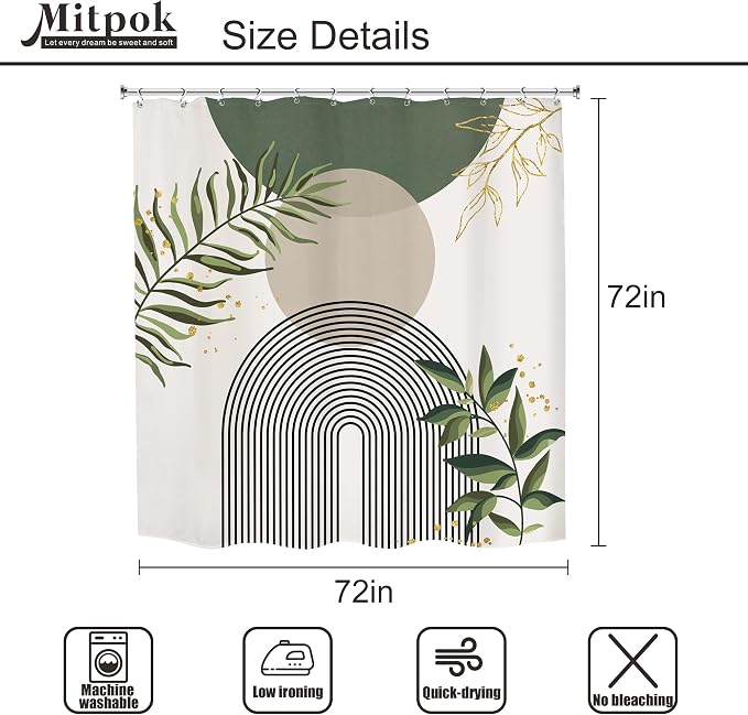 Green Boho Mid Century Shower Curtain 72Wx72H Abstract Gold Leaves Grey Modern Sun Arch Minimalist Geometric Aesthetic Plant Bathroom Decor Neutral Bath Curtain Polyester 12 Pack Hooks