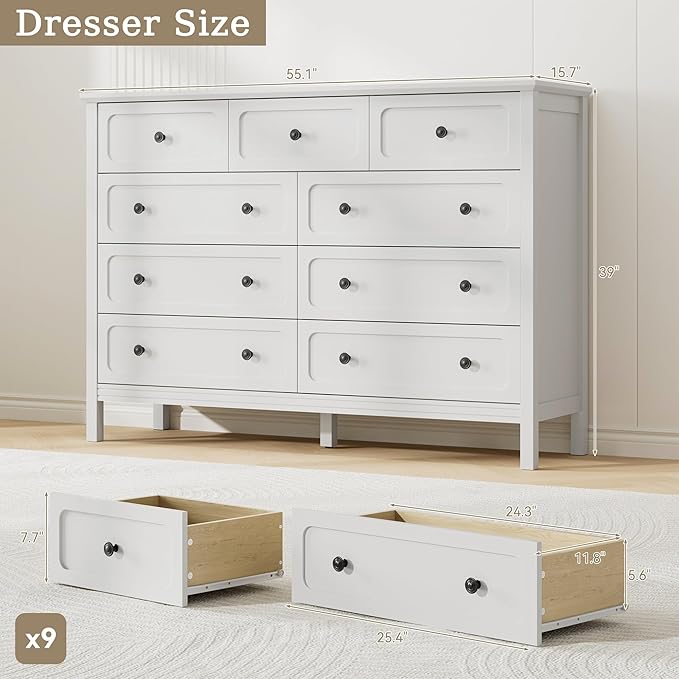 White Dresser for Bedoom, Modern Chest of Drawers, Wood 9 Drawer Dresser with Metal Handles, Modern Dressers & Chest of Drawers for Living Room, Hallway, Entryway