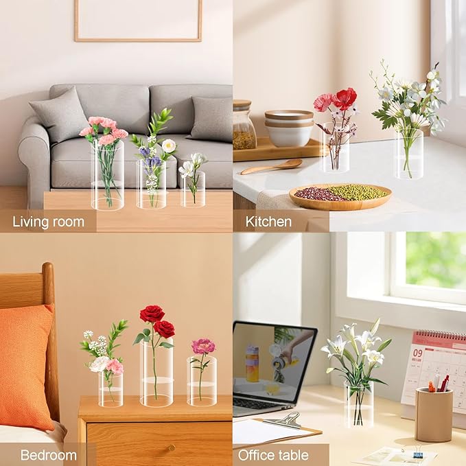 12 Pcs Acrylic Cylinder Vases 4,6,8 Inch Tall Clear Acrylic Flower Vases Bulk Floating Candle Holders Cylinder Plastic Vases for Centerpiece Table Wedding Home