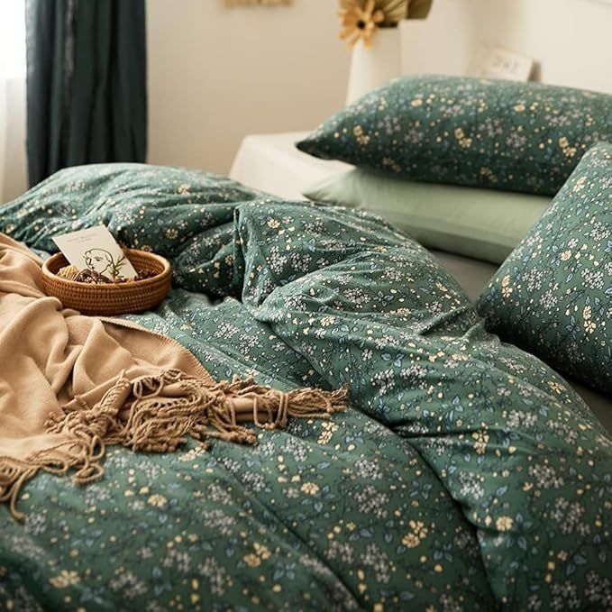Vintage Green Floral Duvet Cover Full Size Jersey Knit Cotton Chic Floral Bedding Set Garden Style Botanical Flower Comforer Cover Floral Cottagecore Bedding Set 1 Duvet Cover with 2 Pillowcases