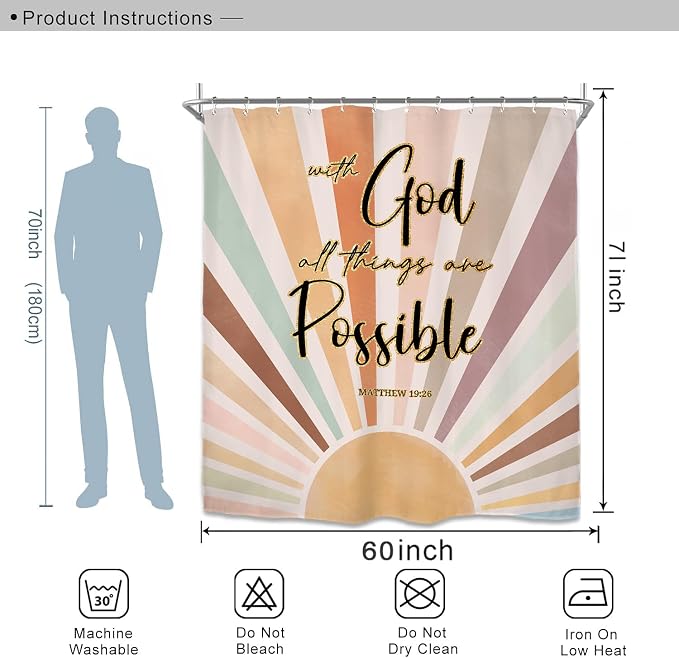 Miyotaa Pastel Sun Rainbow Shower Curtain Set 60Wx71H Inches Bible Inspirational Motivational Retro Minimalist Abstract Colorful Aesthetic Polyester Waterproof Bathroom Curtain with 12 Hooks