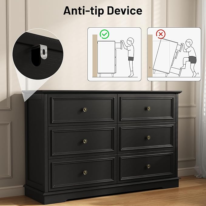 6 Drawer Dressers for Bedroom, Black Wooden Chest of Drawers with Deep Drawers, Closet Dressers with Metal Handle for Bedroom, Living Room