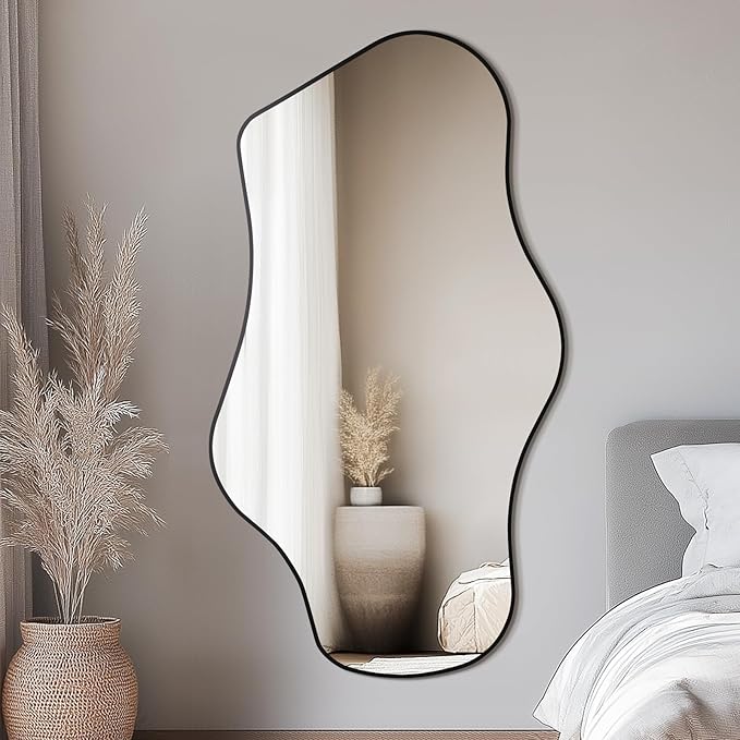 Mirrorons Irregular Wall Mirror 51×28, Black Asymmetrical Decorative Bathroom Mirror, Cloud Mirror, Modern Vanity Mirror, Shatterproof Black Mirror