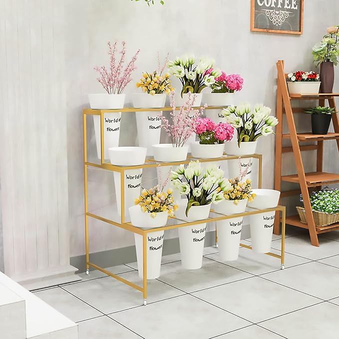 Flower Display Stand With 12PCS Buckets, 3 Layers Metal Plant Stand with Wheels, Heavy Duty Moving Plant Cart Shelf, for Indoor, Outdoor Patio Garden, Living Room, Florist (White - Round Bucket)
