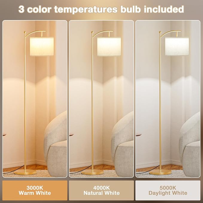 Ambimall 60" Floor Lamp with 3 Color Temperatures, Adjustable Beige Shade, Gold Pole - Tall Lamp for Living Room, Bedroom, Office, Classroom, Dorm - 9W Bulb Included