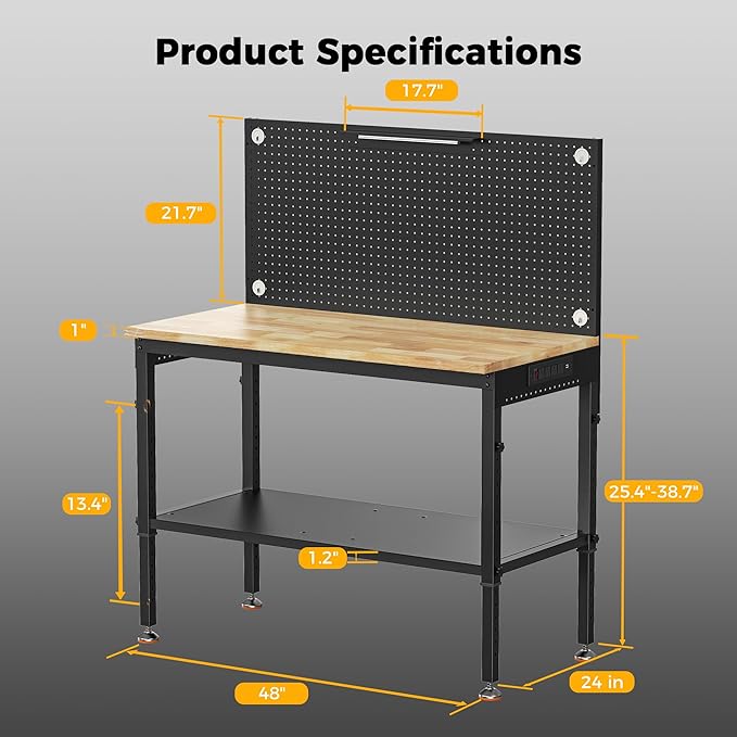 48" Heavy Duty Work Bench Adjustable Height Max Load 2000 LBS with Storage Shelf for Garage Workbench, Rubberwood Tabletop with Pegboard, LED Light, Built-in Power Strip for Woodworking Shop