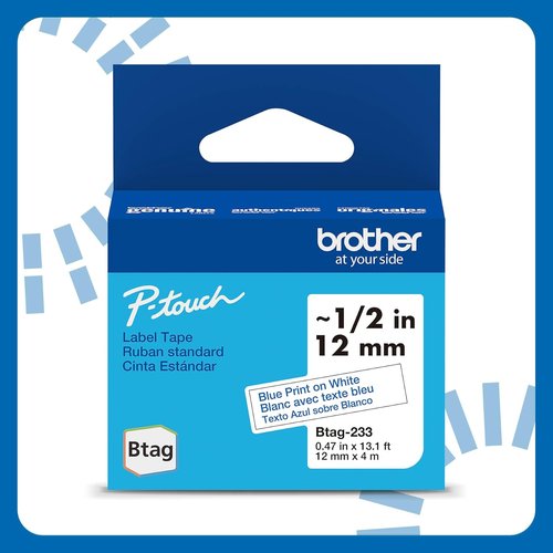 Brother Genuine P-Touch Label Tape - Blue on White, 1/2in x 13.1ft (12mm x 4m) | Compatible with PT-N10, PT-N20, PT-N25BT