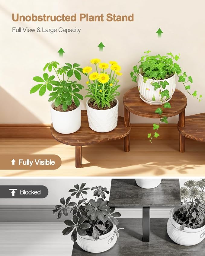 Convex Corner Plant Stand Indoor Outdoor, Wood Adjustable Plant Shelf, Long Flower Stand for Small Apartment Living Room Balcony, Carbonized Color