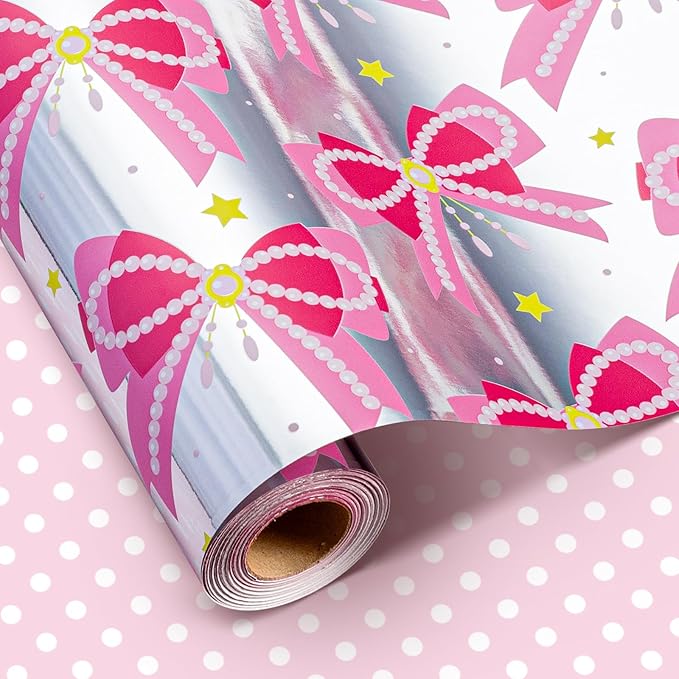 Homeral Pink Bow Wrapping Paper Roll - Mini Roll - 17 Inch x 33 Feet - Pink Ribbon Pearl Bow Perfect for wrapping paper for girls Valentine's Day, Girls Birthday, Bachelorette Party, Baby Shower.