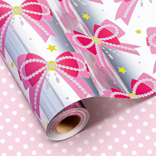 Homeral Pink Bow Wrapping Paper Roll - Mini Roll - 17 Inch x 33 Feet - Pink Ribbon Pearl Bow Perfect for wrapping paper for girls Valentine's Day, Girls Birthday, Bachelorette Party, Baby Shower.