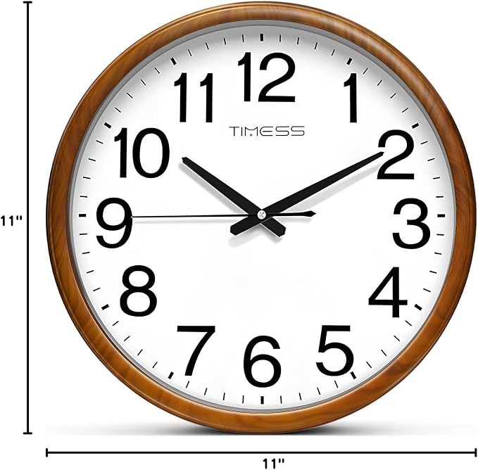 TIMESS Wall Clock, Classic Wood Style Finish, 11 Inch Non-Ticking Silent Battery Operated Analog Clock, Ideal Retro Decor for Home, Bedroom, Living Room, Kitchen, Bathroom, Office(Wood Yellow)