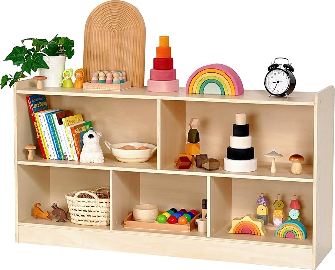 Wooden Toy Shelf for Kids, Montessori Book & Toy Organizer with Open Shelving, 5-Section Customizable Layout for Kids’ Room, Playroom & Classroom