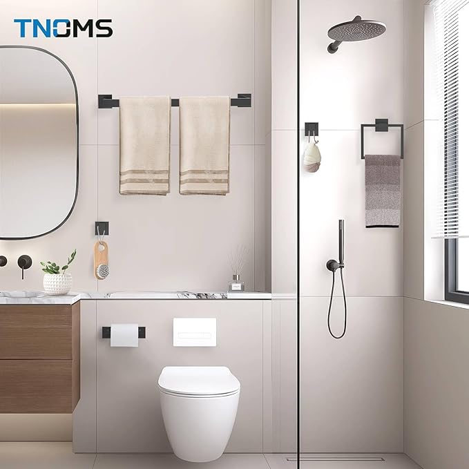Matte Black Towel Bar Set 5-Piece Bathroom Hardware Accessories Set,23.6 Inch Modern Towel Holder Set SUS304 Stainless Steel Towel Rack Set for Bathroom,Wall-Mounted