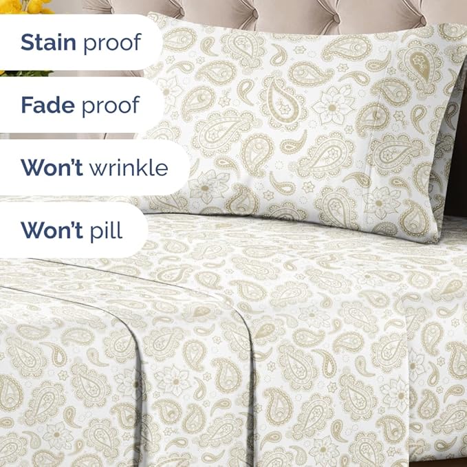 Floral Sheets - Paisley Bed Sheet Set - 1 Flat, 1 Fitted & 1 Pillowcase w/ Deep Pockets - Comfy, Cozy, Wrinkle & Fade Free - Boho Botanical Bedding - Ultra-Soft, Breathable & Cooling - Twin Size