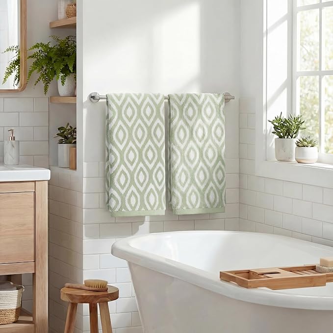 Artoid Mode 2 Pcs Beige Green Diamond Grid Jacquard Hand Towels for Bathroom, 100% Cotton Soft Absorbent Bathroom Decor Towels, 13.7 x 29.5 Inch