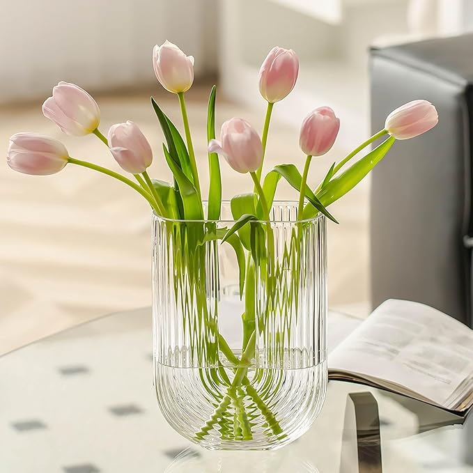 Clear Ribbed Glass Flower Vase, 7" H Modern Small Vase, Ellipse U Shaped Fluted Striped Decorative Vase, Fit for Home Living Room Table Decor (Open:5.11" x 2.36")