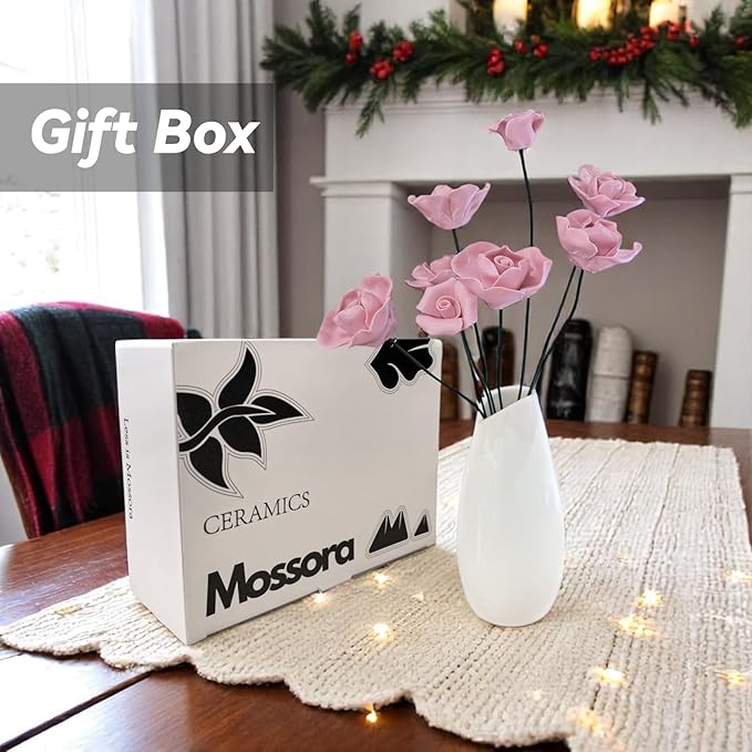 Artificial Flowers with Vase Set, 8 Handmade Ceramic Flowers with Premium Ceramic Vase, Easy Assembly Home Decor Gift Box for Wedding, Mother’s Day, Table Centerpiece (Pale Pink)