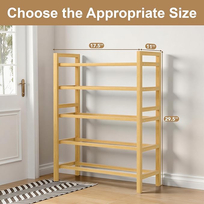 Haddockway Bamboo Shoe Rack for Closet, Free Standing Shoe Organizer with Smooth Round Rods & Convenient Handles, Stackable Shoe Storage Shelf for Entryway, Hallway(Natural, 5-Tier)