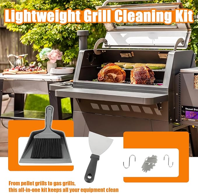 HUAREW 6 Piece Pellet Grill Ash Cleaning Kit, Includes 1 Dust Scoop, 1 Soft Bristle Brush, 1 Flat Scraper, 1 3D Scraper, 2 Hook