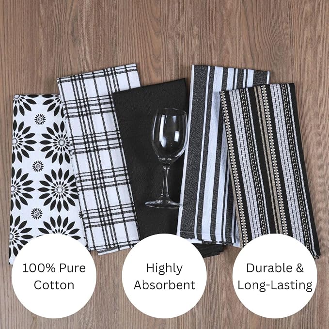Assorted Kitchen Towels Set of 5-100% Cotton Dish Cloths Towels with Hanging Loop - Soft, Absorbent & Washable for Kitchen Use - Quick Drying Dish Towels 16x26 Inch Black