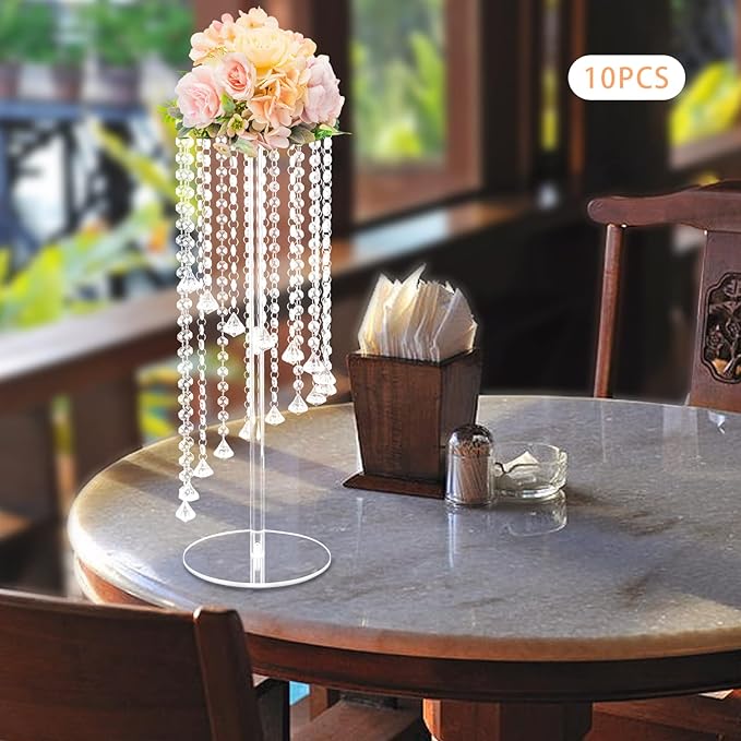 10 Pcs 23.6 Inch Acrylic Crystal Flower Stands, Tall Wedding Centerpieces for Tables with Crystal Chains, Clear Modern Flower Vase Stands for Party Event Home Hotel Decor