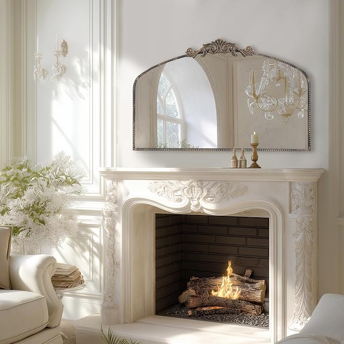 Vintage Black Arched Mirror 48"X30", Large Antique Baroque Mantel Wall Mirror with Black Brush Gold Metal Ornate Frame for Entryway/Fireplace/Living Room/Hallway/Bathroom/Bedroom