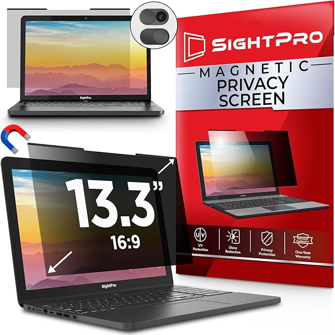 SightPro Magnetic Laptop Privacy Screen 13.3 Inch 16:9 - Removable Computer Privacy Filter Shield and Protector