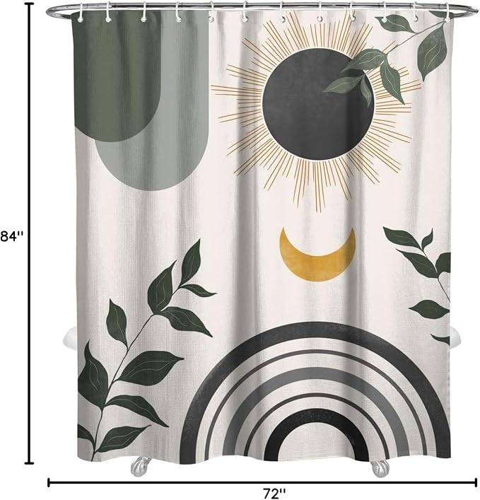 Mid Century Abstract Boho Aesthetic Shower Curtain Set, Gray Nature Leaf Sun Modern Minimalist Home Bathroom Curtain Decor with 12 Hooks 72 Inch Wide * 84 Inch High Grey