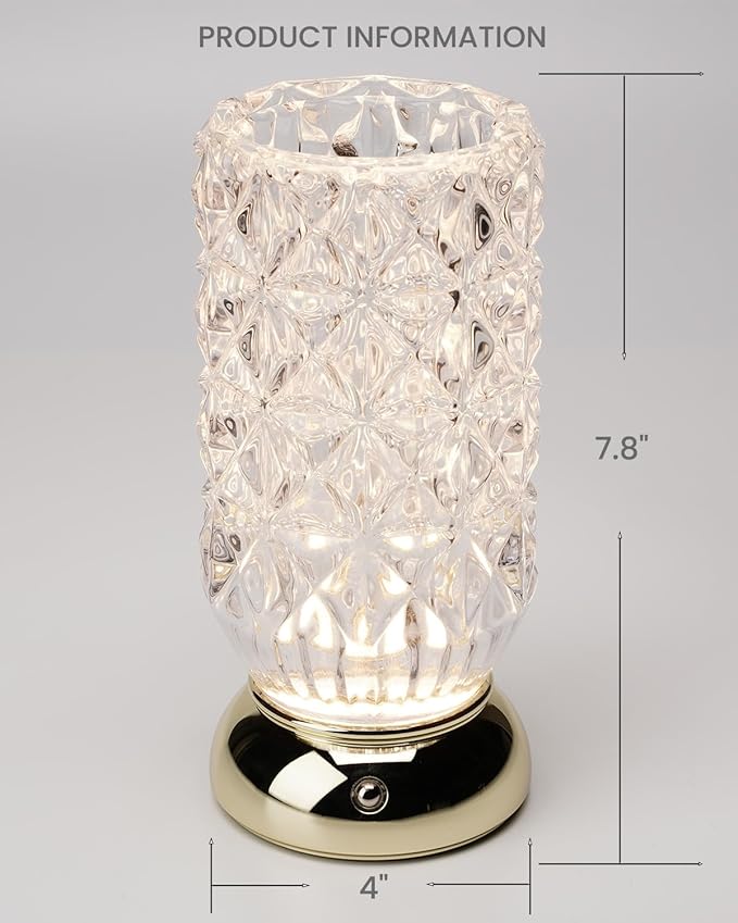 Crystal Vase, Dimmable Cordless Table Lamp, Rechargeable Crystal Light for Home Decor, Bedroom, Livingroom