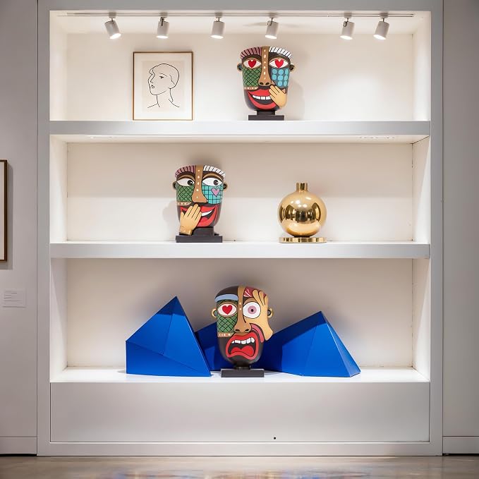 Colorful Abstract Face Sculpture Set of 3 - Modern Cubist Resin Statues for Home Decor, Picasso-Style Artistic Figurines for Shelf, Desk, Bookshelf, Living Room Accents - Unique Gift for Art Lovers