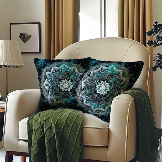 Mandala Throw Pillow Covers 18x18 Set of 2 | Geometric Flower Square Pillow Cases for Bed Room and Living Room Decor, Boho Floral Cushion Cases for Sofa and Chair
