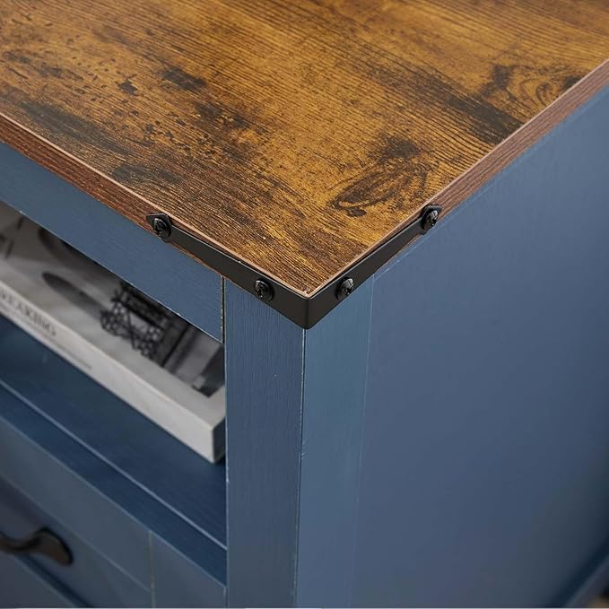 Farmhouse Night Stand, Rustic Blue Nightstand for Bedroom, End Tables with Charging Station, Bedside Table with Drawers, Wood Bedside Cabinet Dresser