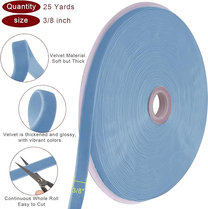 25 Yards Blue Velvet Ribbon 3/8 Inch for Christmas Tree,Light Blue Velvet Christmas Ribbon for Gift Wrapping Crafts Bow Wreath Holiday Decorations (Blue)