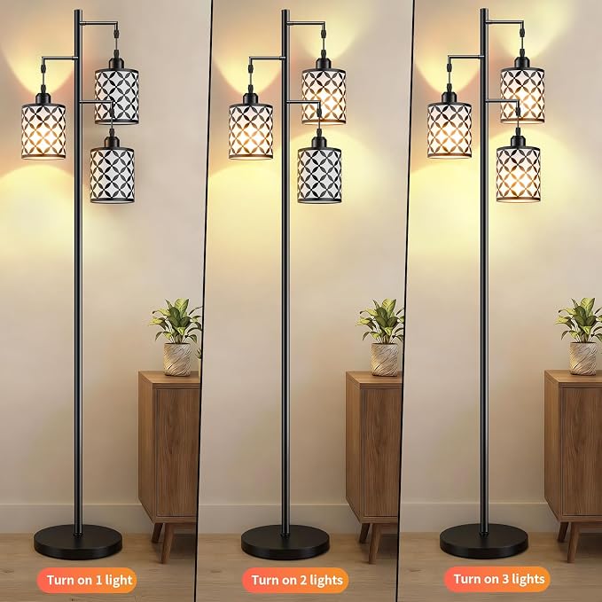 Dimmable Floor Lamp, Farmhouse Standing Lamp with Elegant Metal Cage, Industrial Tall Tree Floor Lamps for Living Room, Bedroom, Study Room, Office, 3 x 1100LM LED Bulbs Included, 72",Black